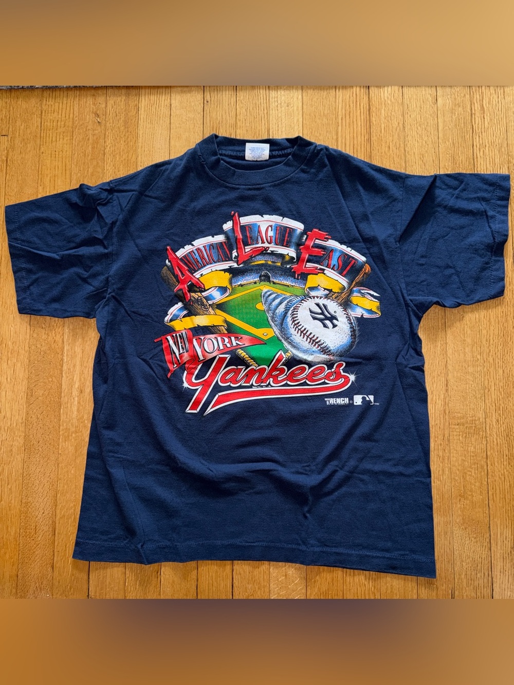 Vintage 92' New York NY Yankees T-Shirt  XL Trench Ultra Blue Cotton 90s VTG Tee